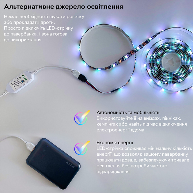 Розумна світлодіодна стрічка RZTK Smart LED 3 USB RGB - зображення 3
