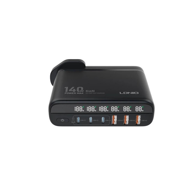 Мережевий зарядний пристрій LDNIO A6140C 140W 3A LED display GAN, Black - Фото 2 Мережевий зарядний пристрій LDNIO A6140C 140W 3A LED display GAN, Black - зображення 2