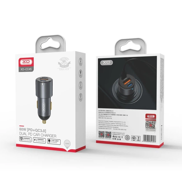 Авто Зарядное Устройство XO CC45 PD30W PD+USB30W Shared 60W Metal Цвет Серый - изображение 2