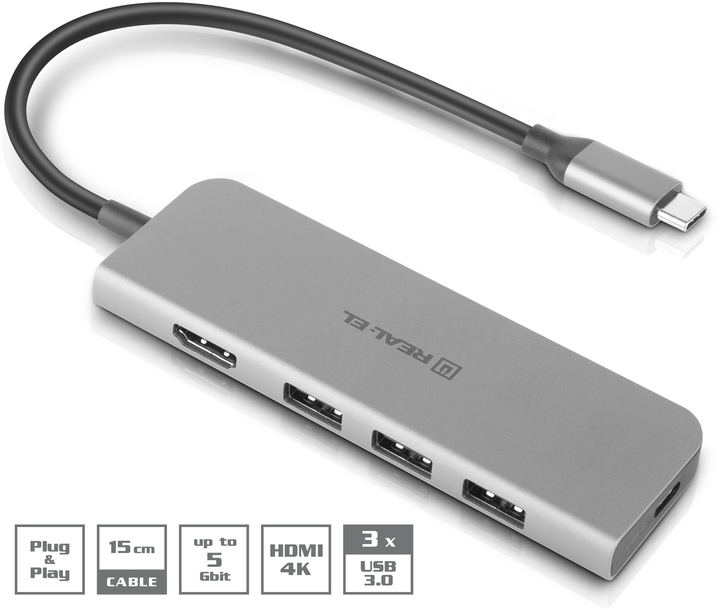 USB-хаб Real-El type C Multifunction HUB USB 3.0 with HDMI CQ-700 Space Grey (EL123110002) - зображення 2
