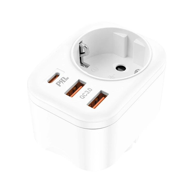 Зарядний пристрій, розетка Asometech 4000W 4in1 USB Type-C PD20 QC3.0. White Чорний - зображення 3
