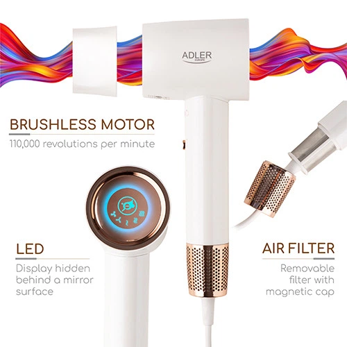 Фен для волосся Adler AD 2272 1800Вт з дисплеєм White - зображення 9