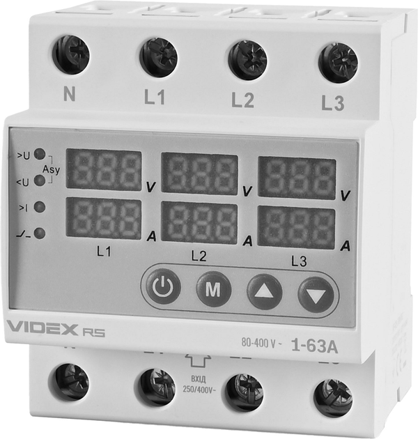 Трехфазное реле контроля напряжения и тока VIDEX RESIST 145-300В 1-63А ...