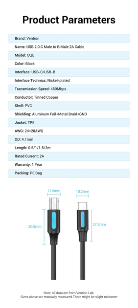 Кабель Vention USB Type C to USB type B USB Printer Cable для принтерів, сканерів, БФП 1.5 м Black (CQUBG) - Фото 10 Кабель Vention USB Type C to USB type B USB Printer Cable для принтерів, сканерів, БФП 1.5 м Black (CQUBG) - зображення 10