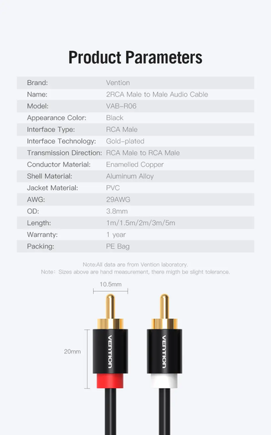 Мультимедійний кабель Vention 2RCA to 2RCA Audio Cable тюльпани 1 м Black (VAB-R06-B100) - зображення 4