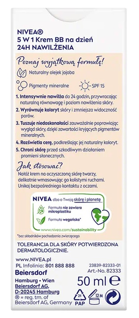 BB Krem na dzień NIVEA 5 w 1 24 H intensywne nawilżenie SPF 15 jasny 50 ml (4005900935380) - obraz 3