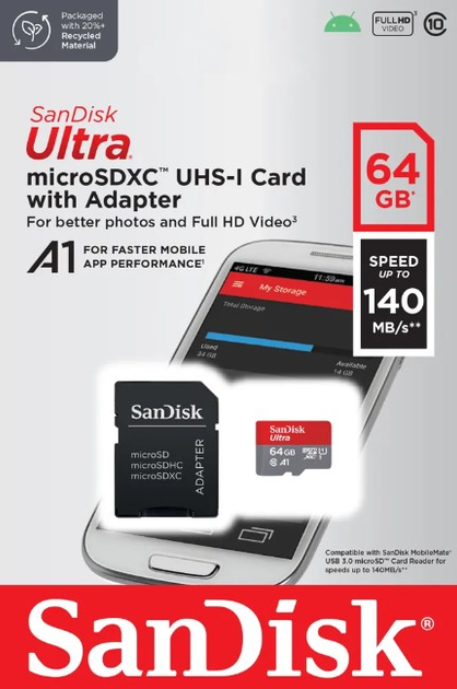 Карта памяти microSD 64Gb SanDisk Ultra class 10 A1 UHS-1 + SD адаптер (SDSQUAB-064G-GN6MA) - изображение 3