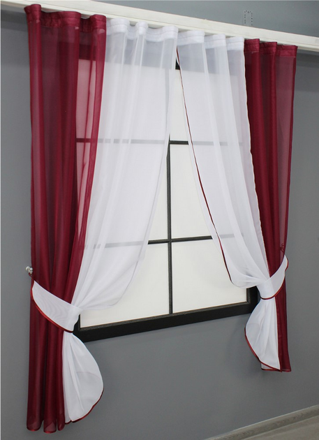 Кухонний комплект штор VR-Textil № 017к з підв'язками на карниз 1-1.5 м 265х170 см Бордово-білий (50-007) - зображення 2