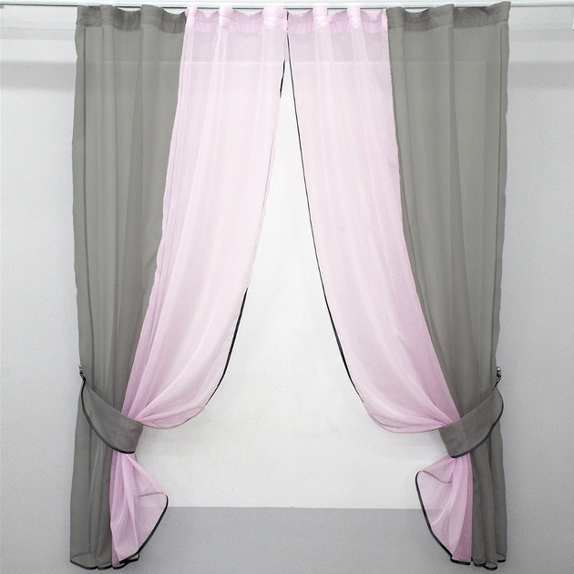 Кухонний комплект штор VR-Textil № 017к з підв'язками на карниз 1-1.5 м 265х170 см Сірий з рожевим (50-013) - зображення 1