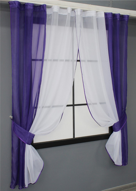 Комплект кухонних штор VR-Textil № 017к з підв'язками на карниз 1 - 1.5 м 265х170 см Фіолетовий з білим (50-012) - зображення 2