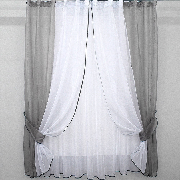 Акція на Кухонний комплект VR-Textil шторки і тюль з підхватами 170х280 см Колір Сірий з білим (50-313) від Rozetka