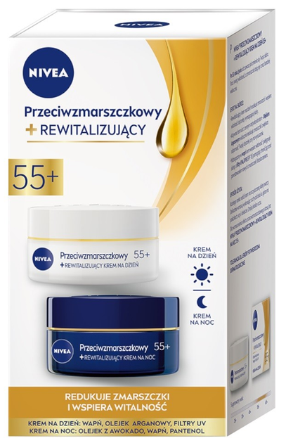 Zestaw do pielęgnacji twarzy Nivea Przeciwzmarszczkowy + Rewitalizujący krem na dzień i krem na noc 55+ 2x50ml (5900017092645) - obraz 1