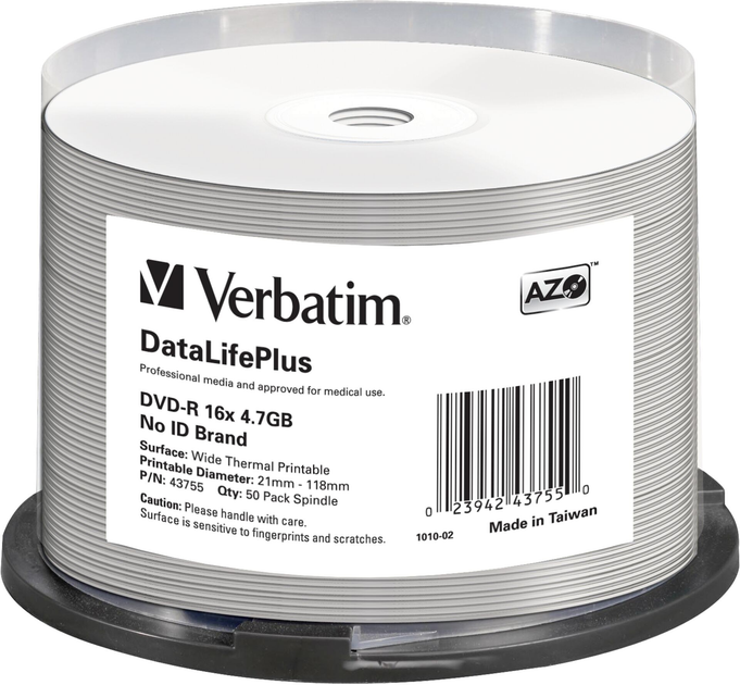 Диски Verbatim DVD-R 4.7GB 16x AZO DL+ printable thermal biale Cake 50 шт (0023942437550) - зображення 1