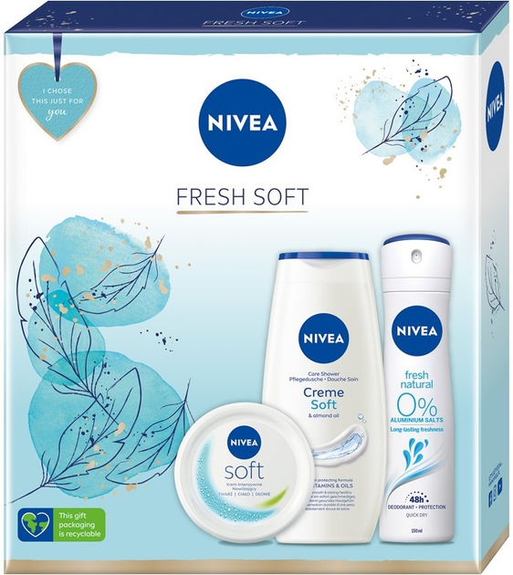 Набір косметики для догляду Nivea Fresh Soft Крем для обличчя, тіла та рук 100 мл + Гель для душу 250 мл + Дезодорант-спрей 150 мл (9005800361550) - зображення 1