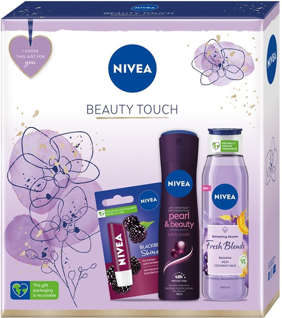 Набір косметики для догляду Nivea Beauty Touch Антиперспірант-спрей 150 мл + Гель для душу 300 мл + Помада для губ 4.8 г (9005800361543) - зображення 1