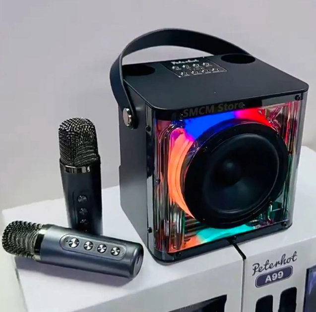 Колонка с двумя беспроводными микрофонами и светомузыкой