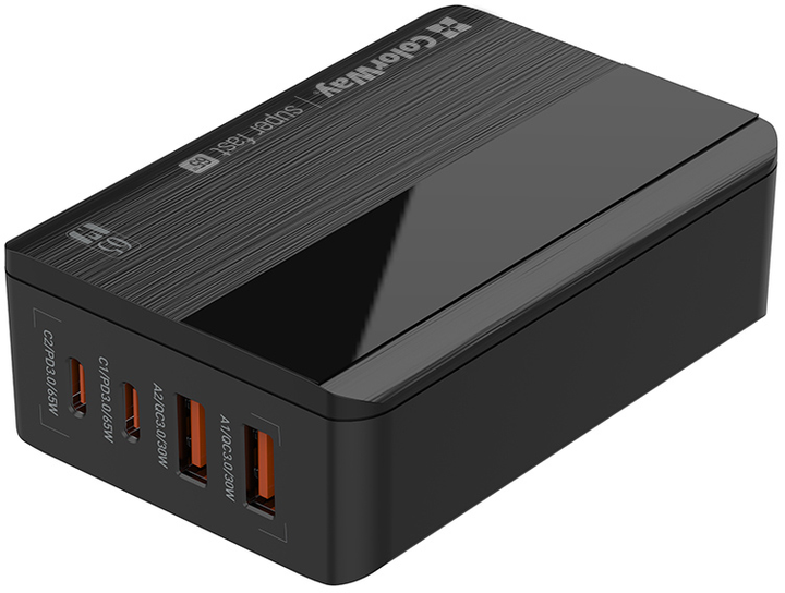 Мережевий зарядний пристрій ColorWay Power Delivery 2 USB-A + 2 USB TYPE-C 65W Black (CW-CHS040PD-BK) - зображення 1