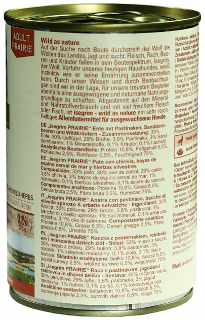 Mokra karma dla psów Isegrim Adult Prairie kaczka + pasternak, owoce rokitnika i dzikie zioła 400 g (4250231540141) - obraz 3