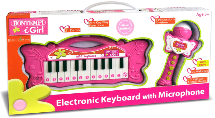 Mini pianino Bontempi z mikrofonem karaoke 24 klawisze Różowa (0047663336336) - obraz 1