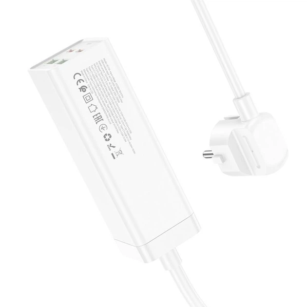 Зарядний пристрій Hoco AC10A Barry PD65W Gan 2xType-C+2xUSB кабель 1.5м white (58244) - зображення 5