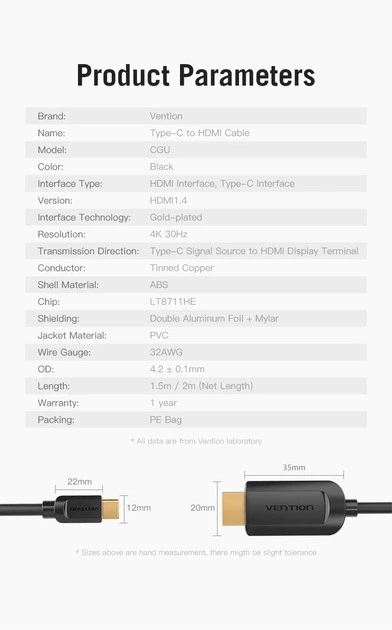 Кабель Type-C на HDMI конвертер перехідник Vention on-screen cable (1.5м, 4K 30Hz). Black - зображення 8