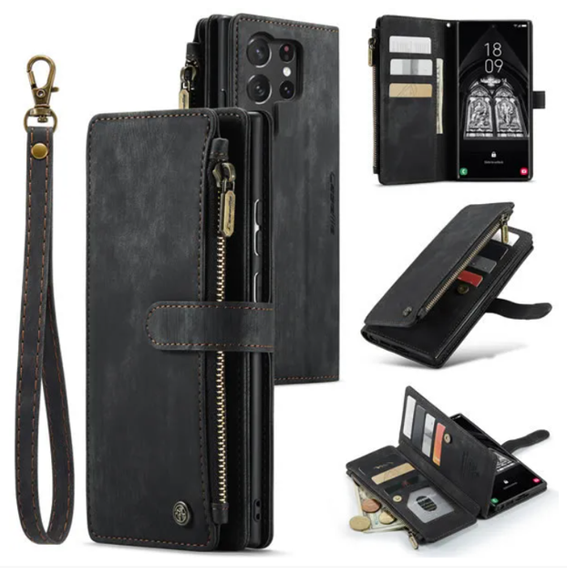 Чохол-гаманець CaseMe Retro Leather з манітом та ремінцем для Samsung S22 Ultra Чорний - зображення 3