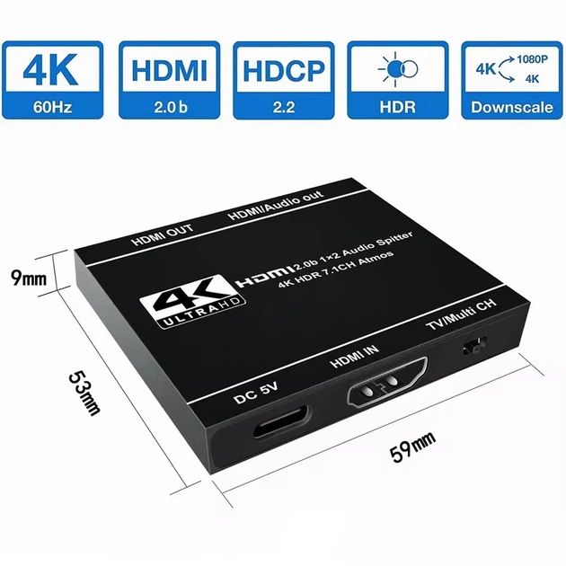 Аудиоразветвитель HDMI 1 на 2 порта сплиттер 4k 60hz 1x2 разветвитель HDMI2.0b Splitter с поддержкой EXTRACT AUDIO (WAZ-F12C) - Фото 2 Аудиоразветвитель HDMI 1 на 2 порта сплиттер 4k 60hz 1x2 разветвитель HDMI2.0b Splitter с поддержкой EXTRACT AUDIO (WAZ-F12C) - изображение 2