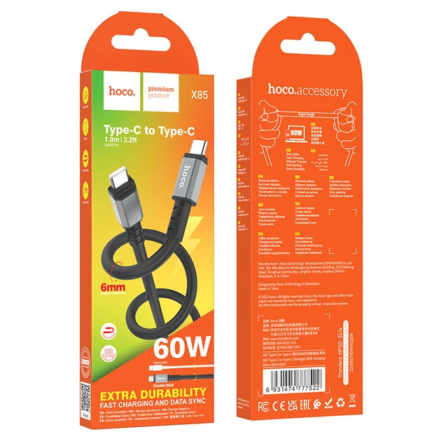 Кабель Hoco X85 Type-C to Type-C Strength 60W charging data cable Black - зображення 4