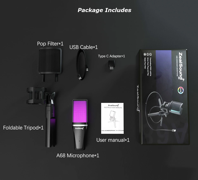 Микрофон Zealsound A68 USB с RGB-подсветкой - изображение 2