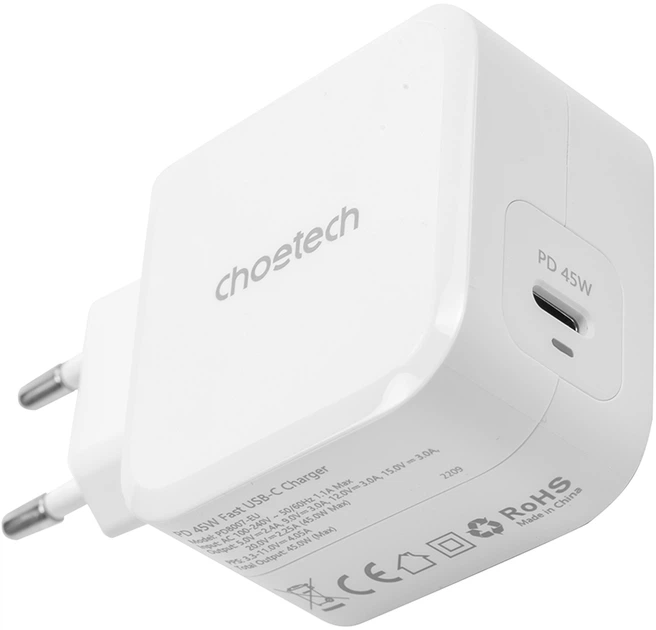 Мережевий зарядний пристрій CHOETECH GaN USB Type-C 45W PD 3.0 QC 3.0 PPS White (PD8007) - зображення 2