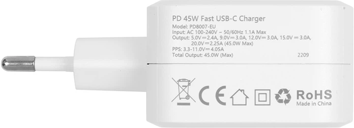 Мережевий зарядний пристрій CHOETECH GaN USB Type-C 45W PD 3.0 QC 3.0 PPS White (PD8007) - зображення 4