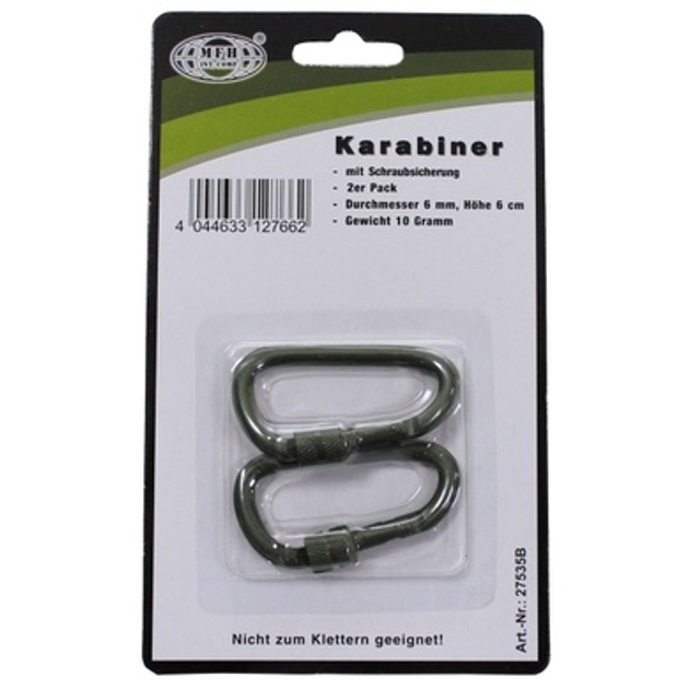 Карабіни алюмінієві MFH Carabiner 6 мм x 6 см Olive - зображення 2