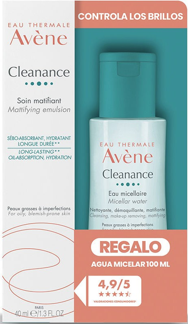 Zestaw do pielęgnacji twarzy Avene Cleanance Anti-shine Routine Emulsja matująca 40 ml + Woda micelarna 100 ml (3282779377225) - obraz 1