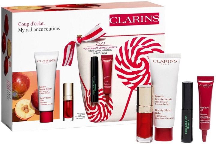 Набір для догляду за обличчям Clarins My Radiance Routine Бальзам для обличчя 50 мл + Олія для губ 7 мл + Крем для шкіри навколо очей 7 мл + Туш 3 мл + Косметичка (3666057145216) - зображення 1