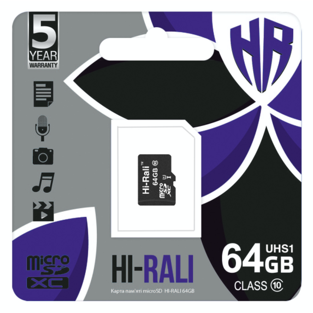 Карта пам'яті microSDXC Hi Rali 64gb UHS1 клас 10 чорна - Фото 1 Карта пам'яті microSDXC Hi Rali 64gb UHS1 клас 10 чорна - зображення 1