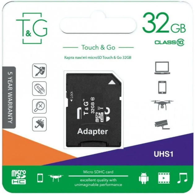 Карта Памяти T&G MicroSDHC 32gb UHS-1 10 Class & Adapter Цвет Черный - Фото 1 Карта Памяти T&G MicroSDHC 32gb UHS-1 10 Class & Adapter Цвет Черный - изображение 1