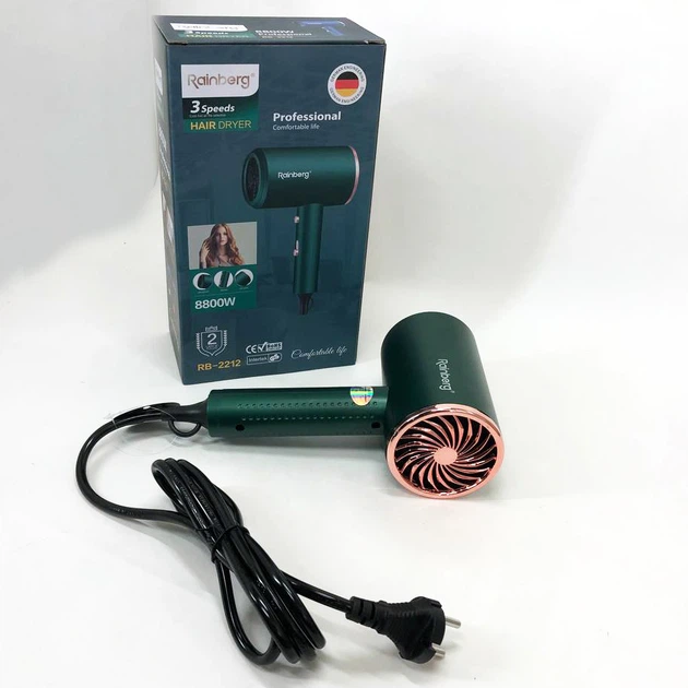 Фен Rainberg RB-2212 8800Вт с регуляцией температуры и скорости для сушки и укладки волос Green - Фото 2 Фен Rainberg RB-2212 8800Вт с регуляцией температуры и скорости для сушки и укладки волос Green - изображение 2