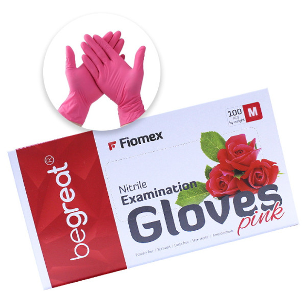 Перчатки нитриловые Fiomex Begreat упаковка - 50 пар, размер M (без пудры), плотность 4 г, розовые (5903714204502) - зображення 1