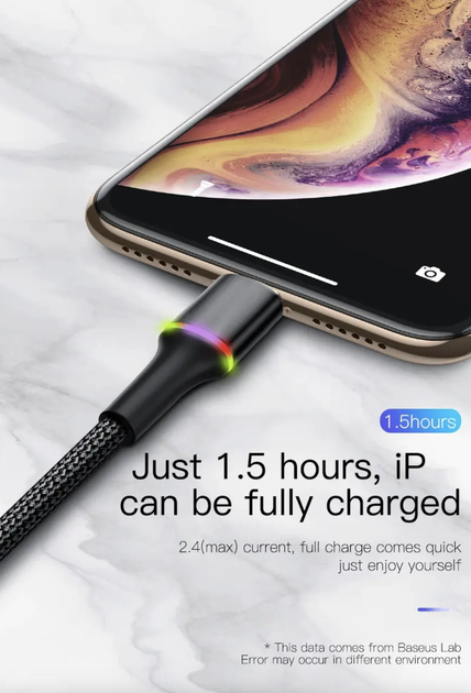 Кабель для Айфона Baseus iPhone lightning 0,5 м з підсвічуванням Чорний - Фото 8 Кабель для Айфона Baseus iPhone lightning 0,5 м з підсвічуванням Чорний - зображення 8