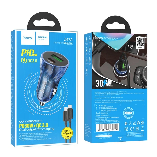 Авто Зарядное Устройство Hoco Z47A Transparent PD30W+QC3.0 Type-C to Type-C Цвет Прозрачный черный - изображение 2