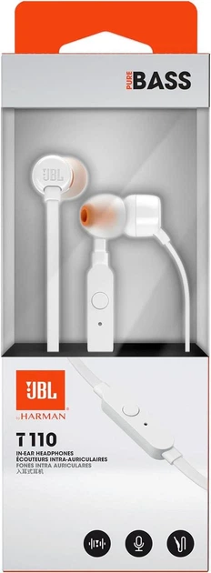 Навушники JBL T110 з мікрофоном та Pure Bass - Фото 1 Навушники JBL T110 з мікрофоном та Pure Bass - зображення 1
