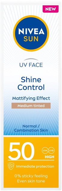 Крем для обличчя Nivea Sun UV Face Shine Control матуючий з високим ступенем захисту SPF 50 Medium Tinted 50 мл (5900017088723) - зображення 1