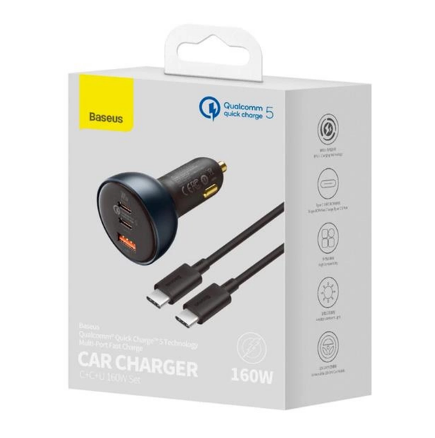Автомобильное зарядное устройство с кабелем Baseus TZCCZM-0G 2Type-c/USB 160W Серое - изображение 2