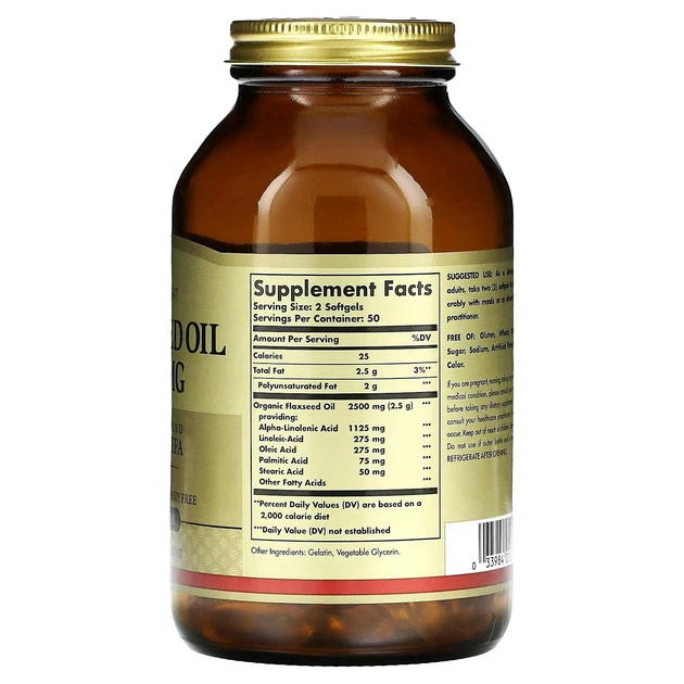 Лляна олія, Solgar, Flaxseed Oil, 1250 мг, 100 капсул - зображення 3