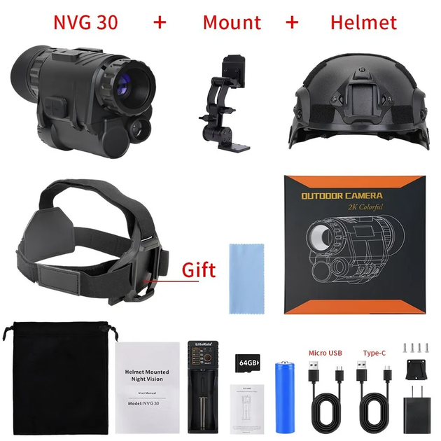 Комплект - монокуляр ночного видения NVG30 Wi-Fi 940nm + шлем ABS-пластик + крепления Черный (Kali) KL650 - изображение 2