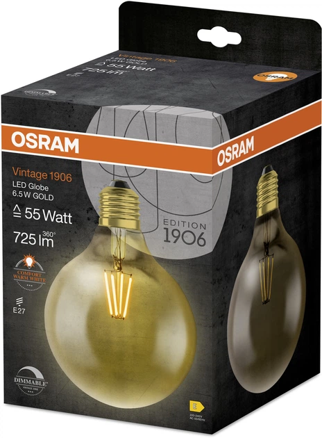 Світлодіодна лампа Osram Vintage 1906 GLOBE GOLD 6Вт 725Лм 2400K E27 DIM (4058075808997) - зображення 3