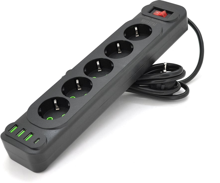 Сетевой фильтр Voltronic F25U, 5 розеток EU + 3 USB + PD, кнопка ...