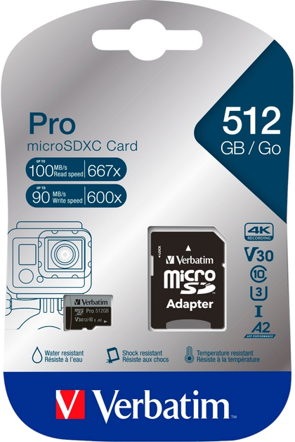 Карта пам'яті Verbatim Pro Micro SDXC 512GB Class 3 + SD Адаптер (0023942470465) - зображення 2