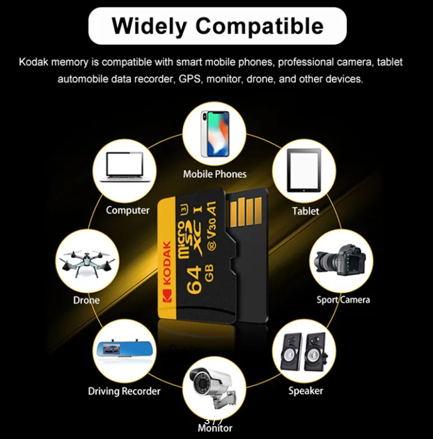 Карта памяти micro SD Kodak 64Gb U3 A1 class 10 + SD адаптер - изображение 2