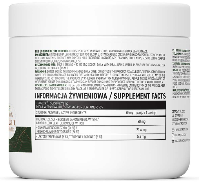 Suplement diety OstroVit Ginkgo Biloba Extract Vege 50 g (5903933901169) - obraz 2
